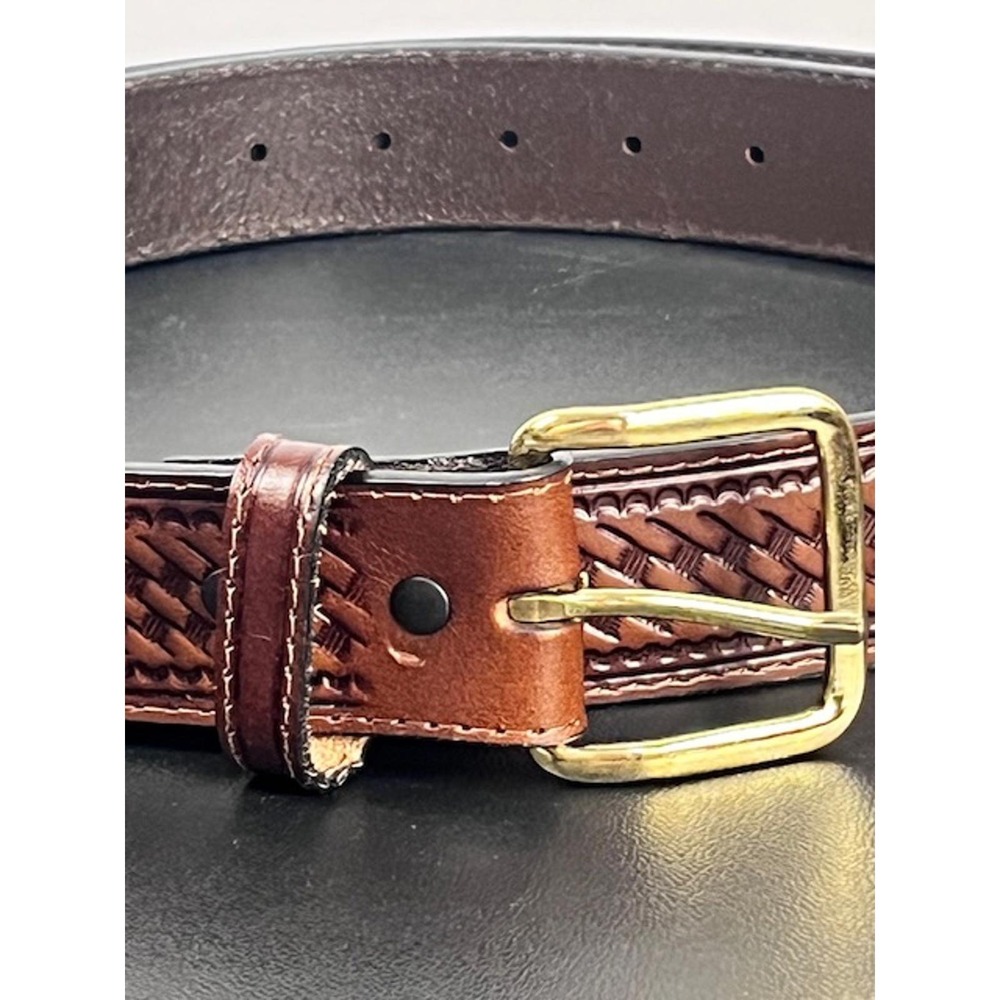 Mens Brown Genuine Leather Basketweave Tooled Western Belt Size 50 035008-210 - Picture 3 of 9
